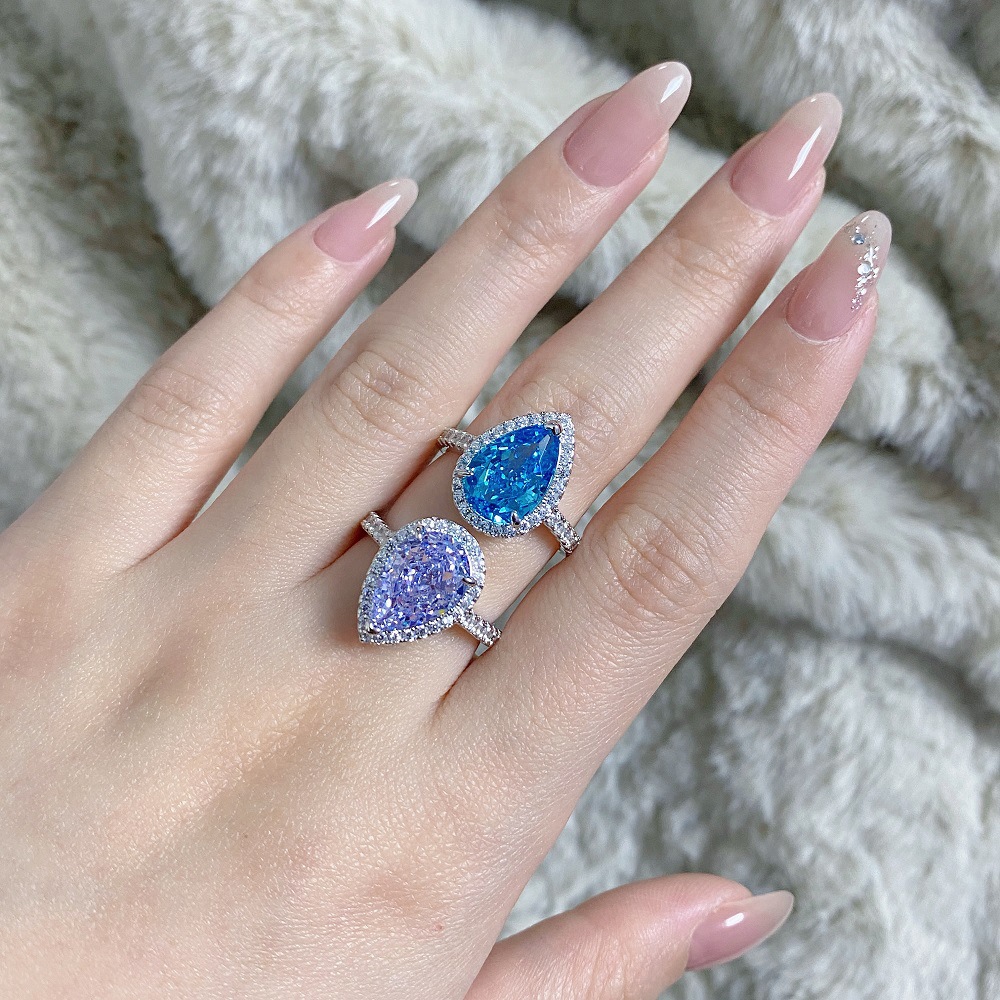 S925 sterling silver pear-shaped ring lavender purple high carbon diamond gemstone diamond ring European and American fashion zircon ring
