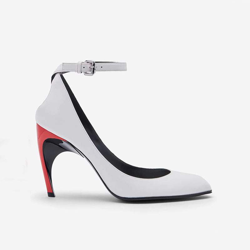 White leather pointed shallow mouth irregular heel shoes, new European and American style color blocking belt buckle hollow