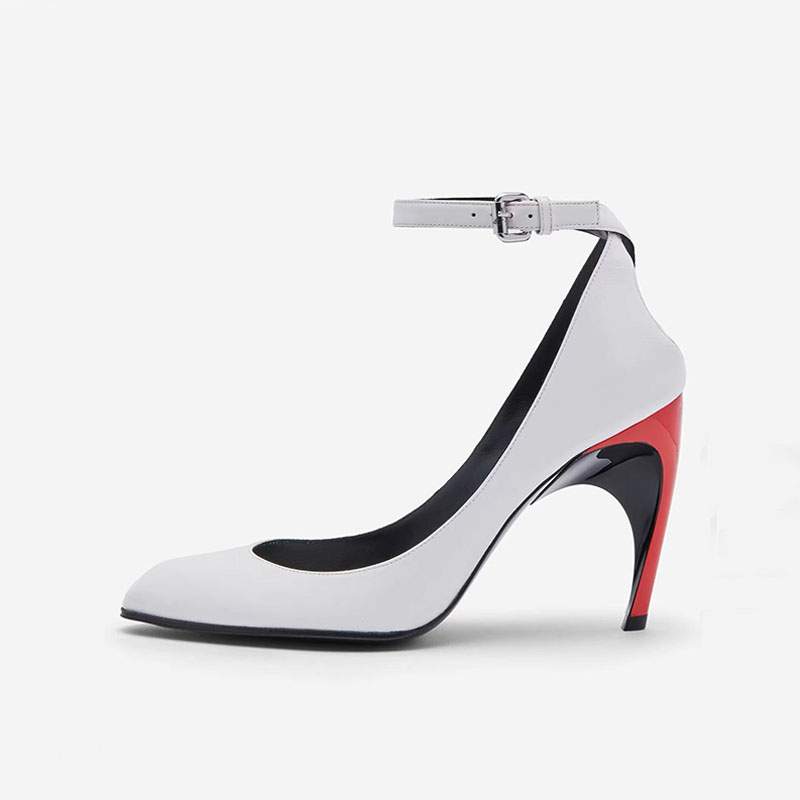 White leather pointed shallow mouth irregular heel shoes, new European and American style color blocking belt buckle hollow