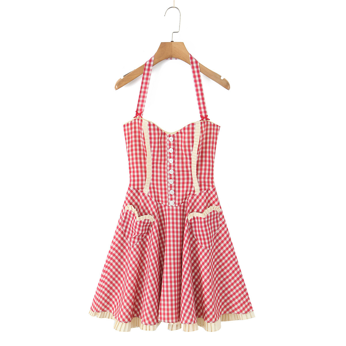Sweet Red Plaid Single-Breasted Heart Pocket Halter Mini Dress