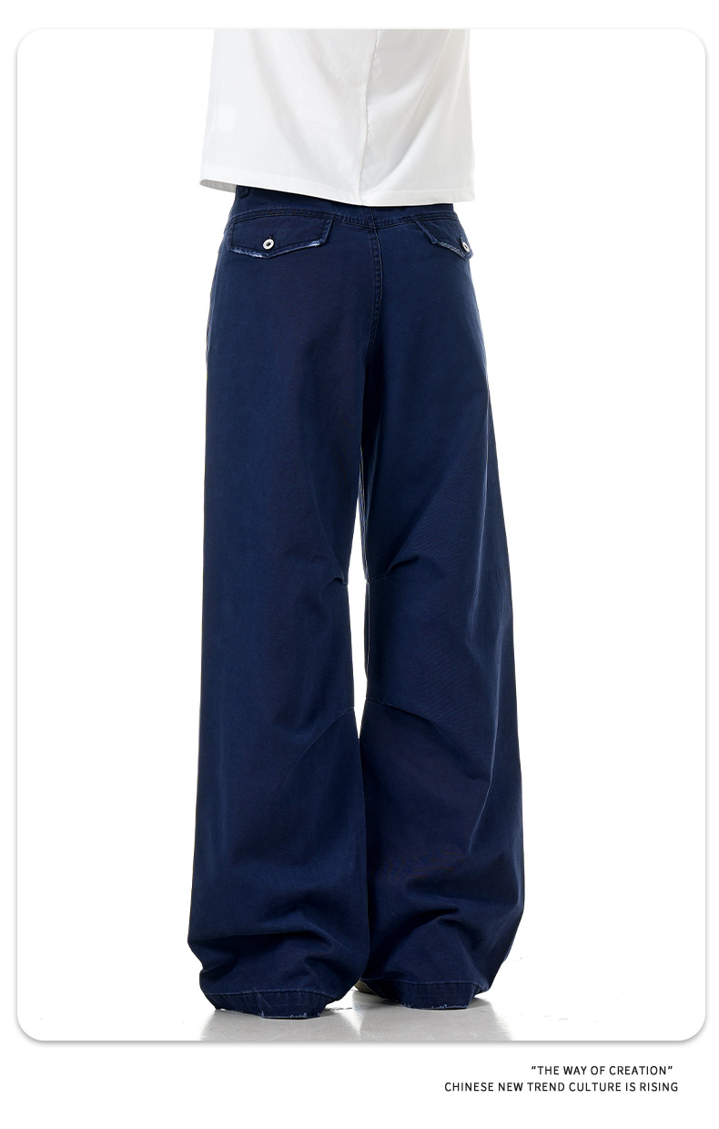 Simple Work Pants for Men and Women Faded Pleated Loose Wide-Leg Trendy Casual Trousers