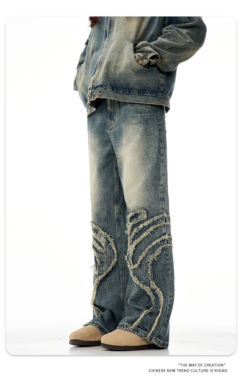 Faded Denim Pants Vintage Blue High Street Design Distressed Personality Straight Loose Casual Slim Fit Long Trousers