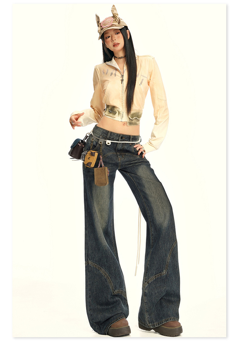 Women's Wide-Leg Jeans with Splicing Retro Design Loose and Slimming Flare Pants