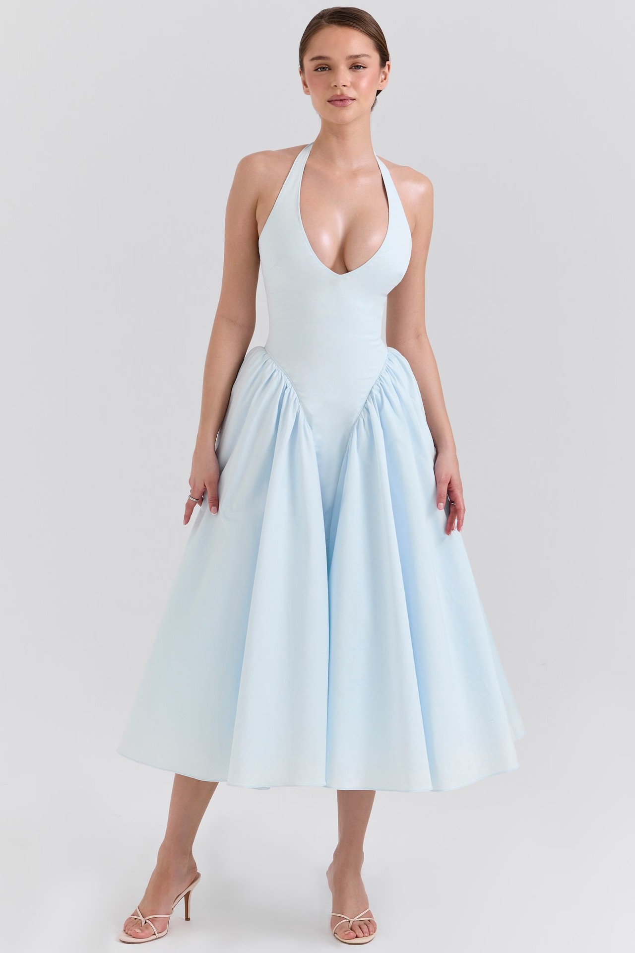 Blue neck tie long dress for women