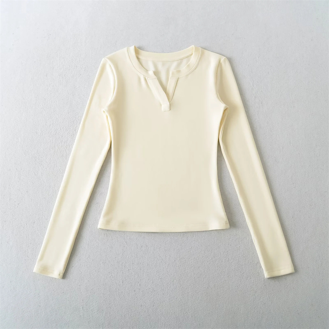 Private Lady Slim Fit Plunge Plain Wrist-Length Tee