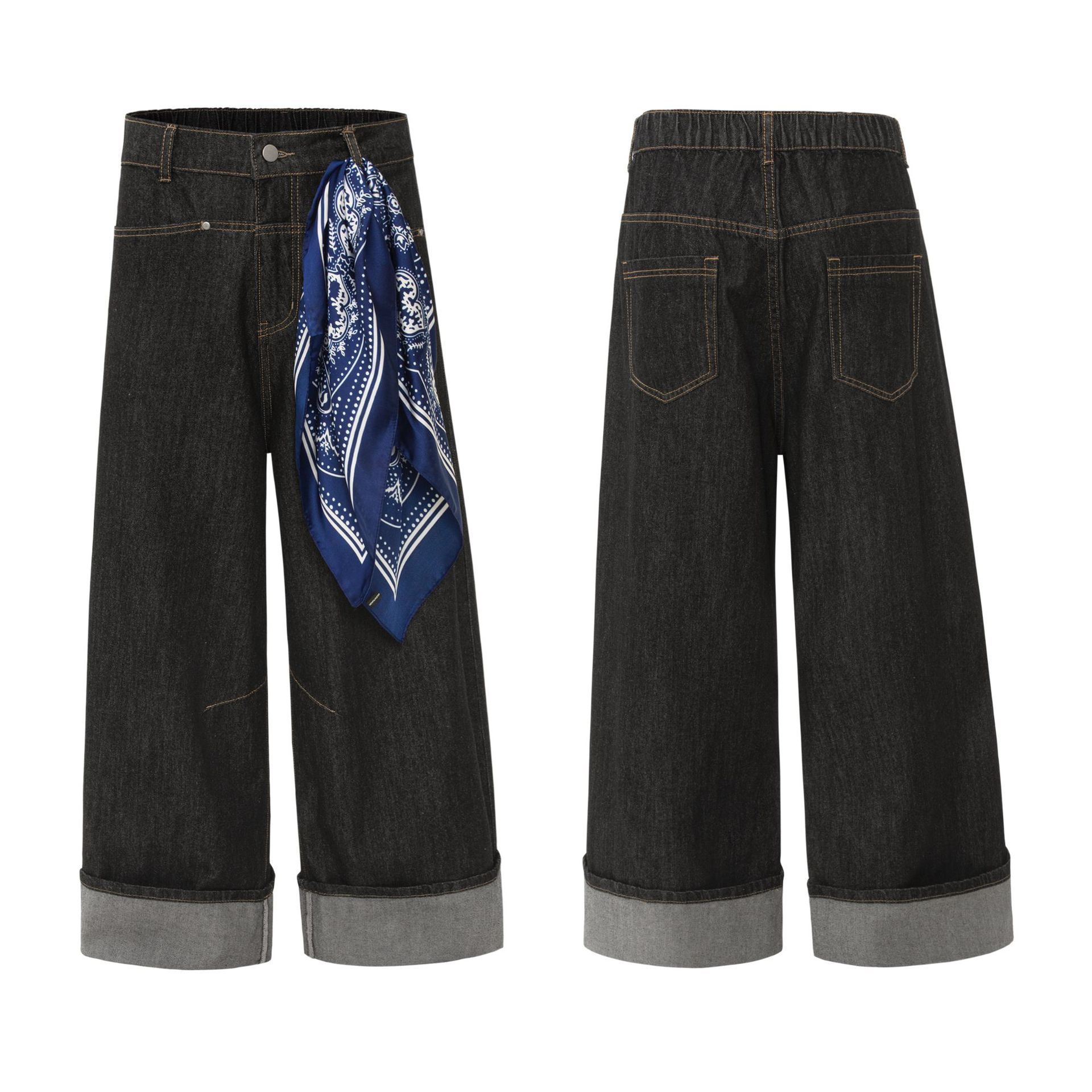 Street Style Vintage Raw Denim Deconstructed Design Men's Loose Wide-Leg Jeans