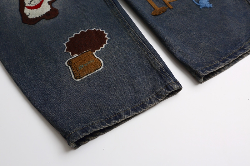 Vintage Cartoon Towel Embroidery Washed Knife-Edge Jeans Men Autumn Pendant Design Loose Wide-Leg Pants