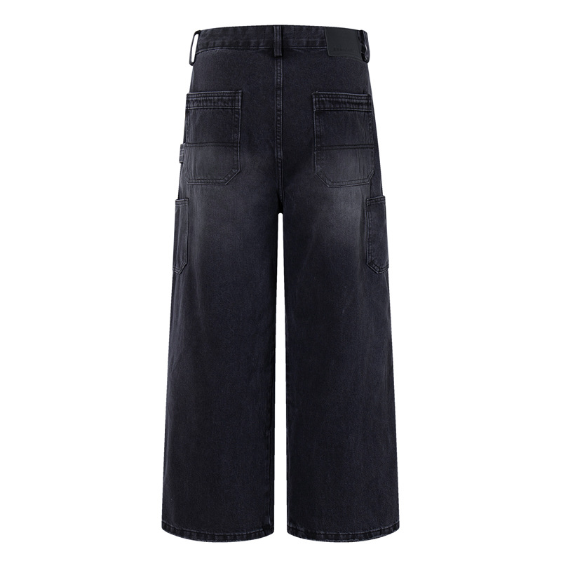 Casual Knife-Edge Pants for Men, Loose Straight-Leg Patchwork Denim Pants, Embroidered Wide-Leg Long Pants