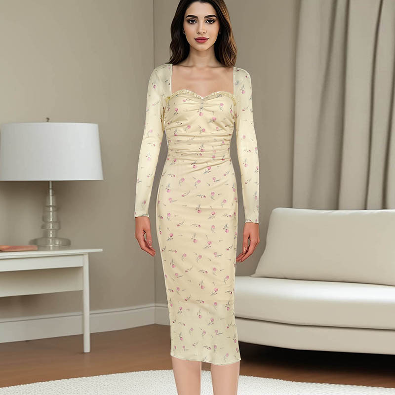 Vintage Square Neck Full-Sleeve Fitted Elastic Polyester Dress