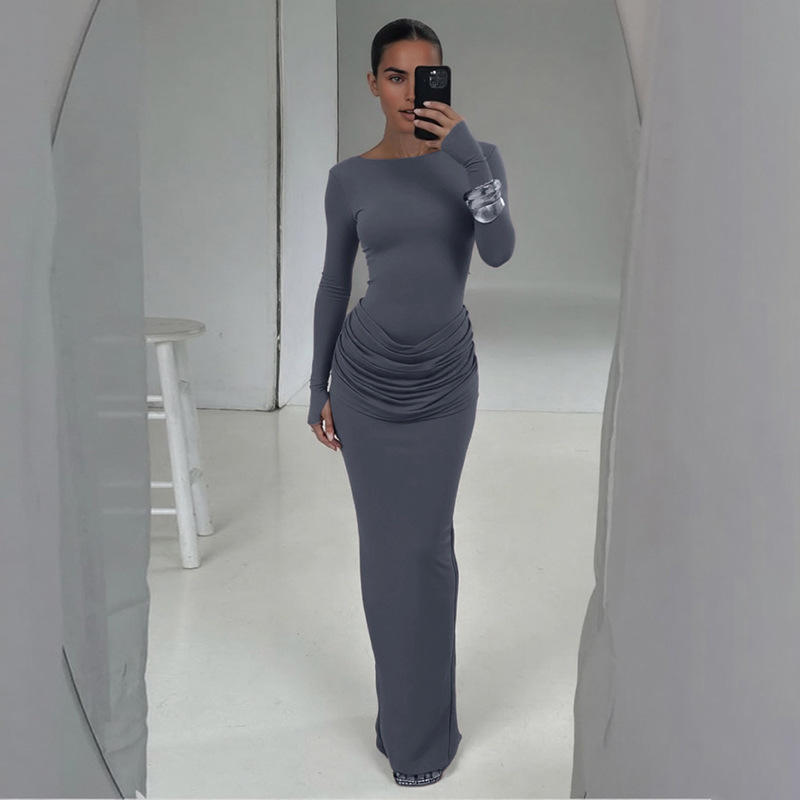 Stretch High-Waist Gathered Full Sleeve Dress