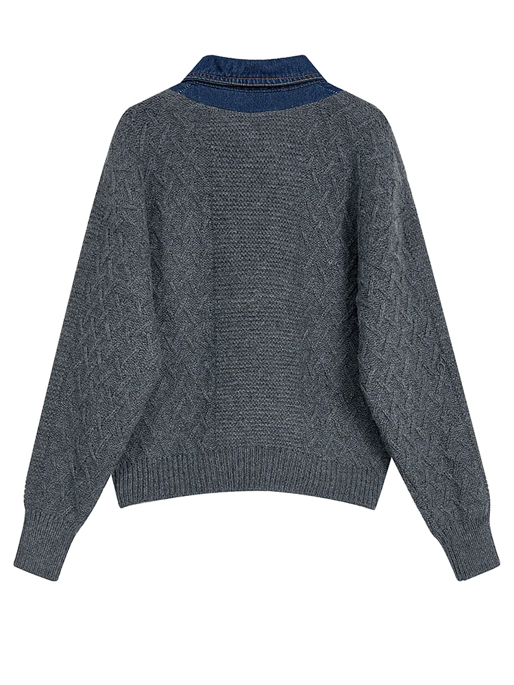 Ladies Charcoal Acrylic Knit Relaxed Notch Collar Pullover