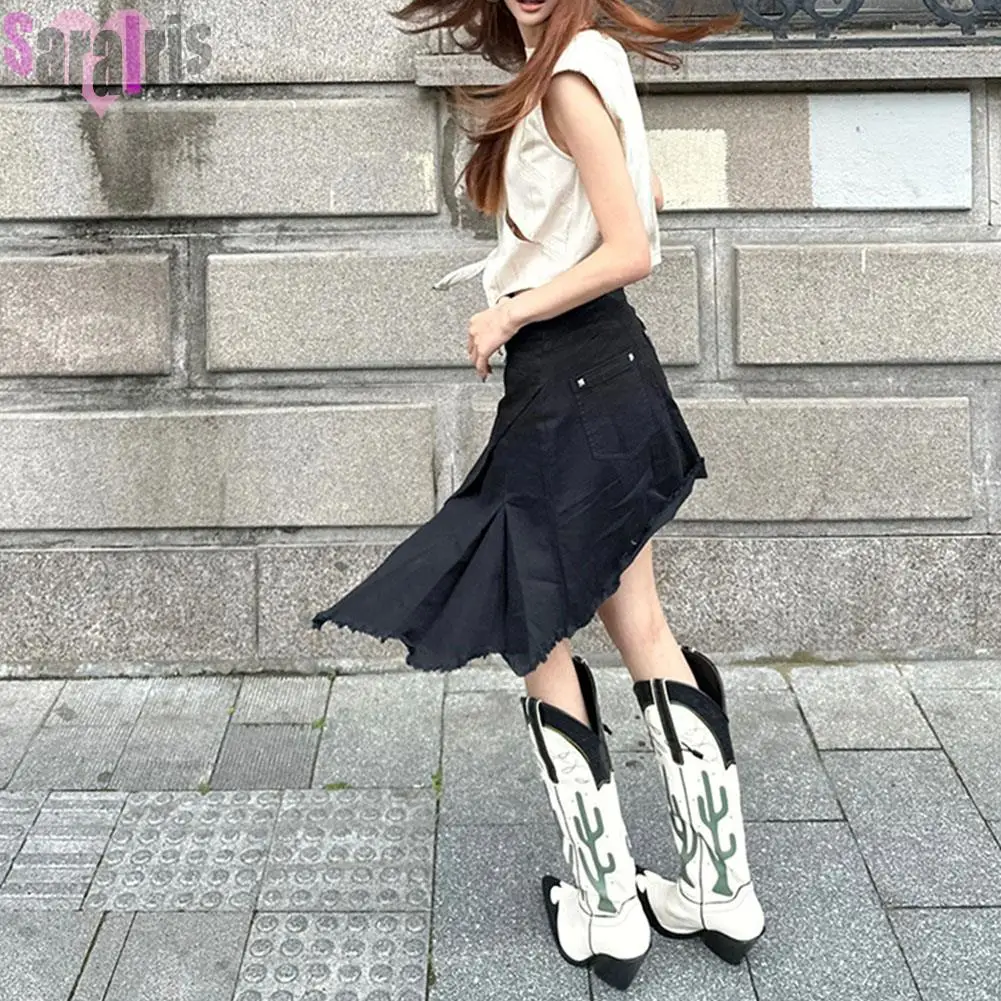 Western Cowboy Mid Calf Women Boots Chunky High Heels Cactus Vintage Cowgirl Long Boots Retro Shoes Woman