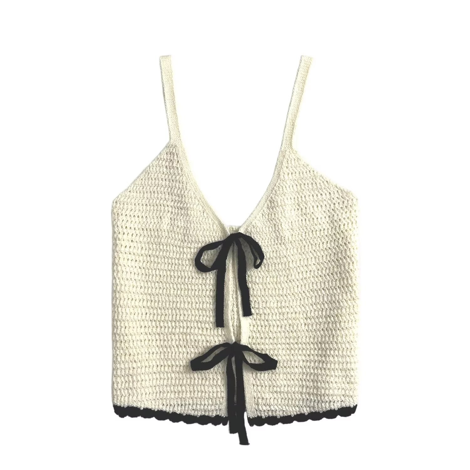 Sleeveless Ribbon Trim Openwork Vest