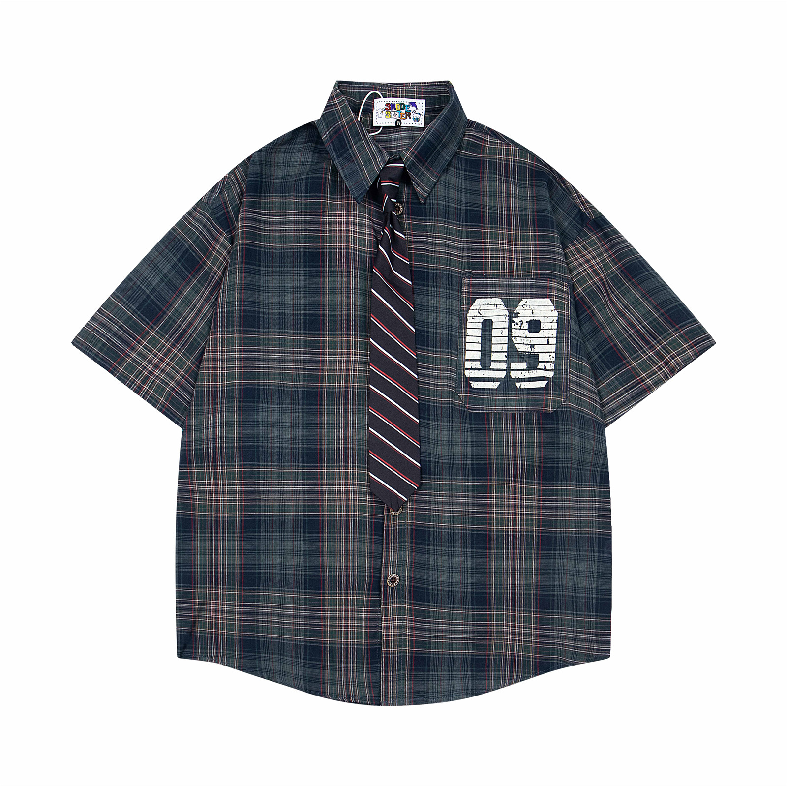 Retro College Style Plaid Short Sleeve Shirt with Tie for Men and Women, Casual Loose BF Couple Fit Blouse