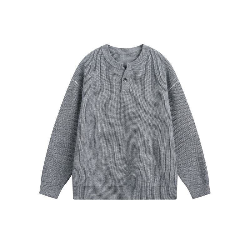 Block Hand Stitching Henley Collar Design Loose Knitwear