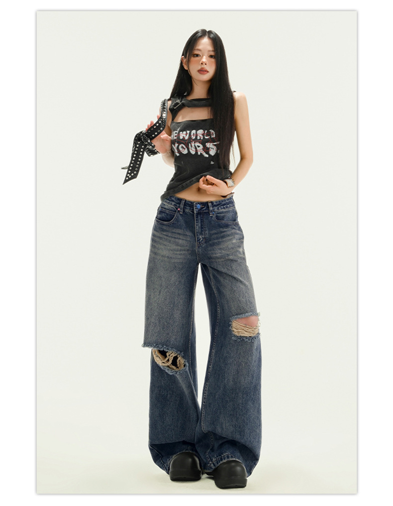 Women's Pocket Print High Waist Wide Leg Pants Summer Loose Slimming Distressed Denim Trousers