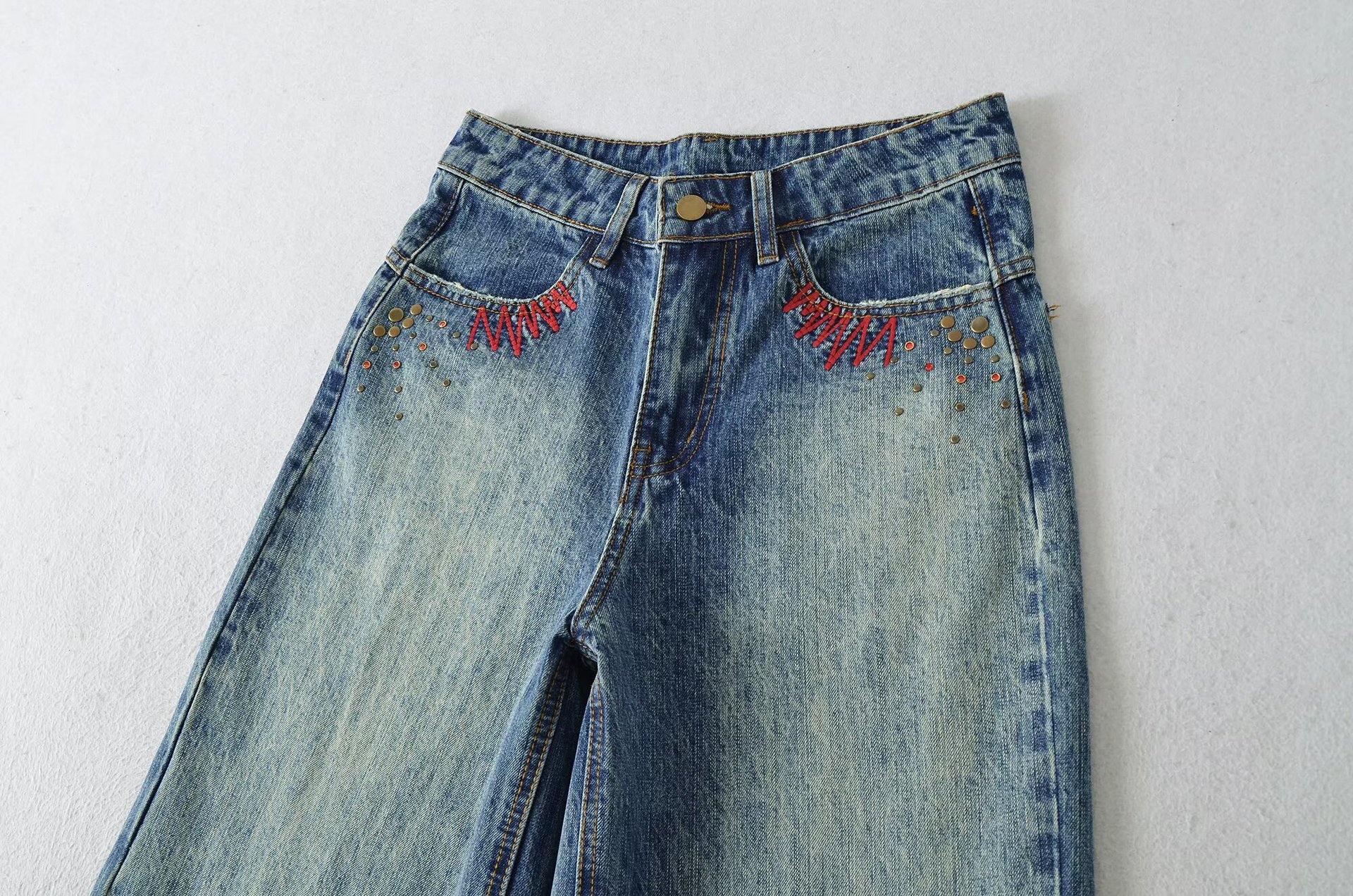 Embroidered and rhinestone loose wide leg jeans