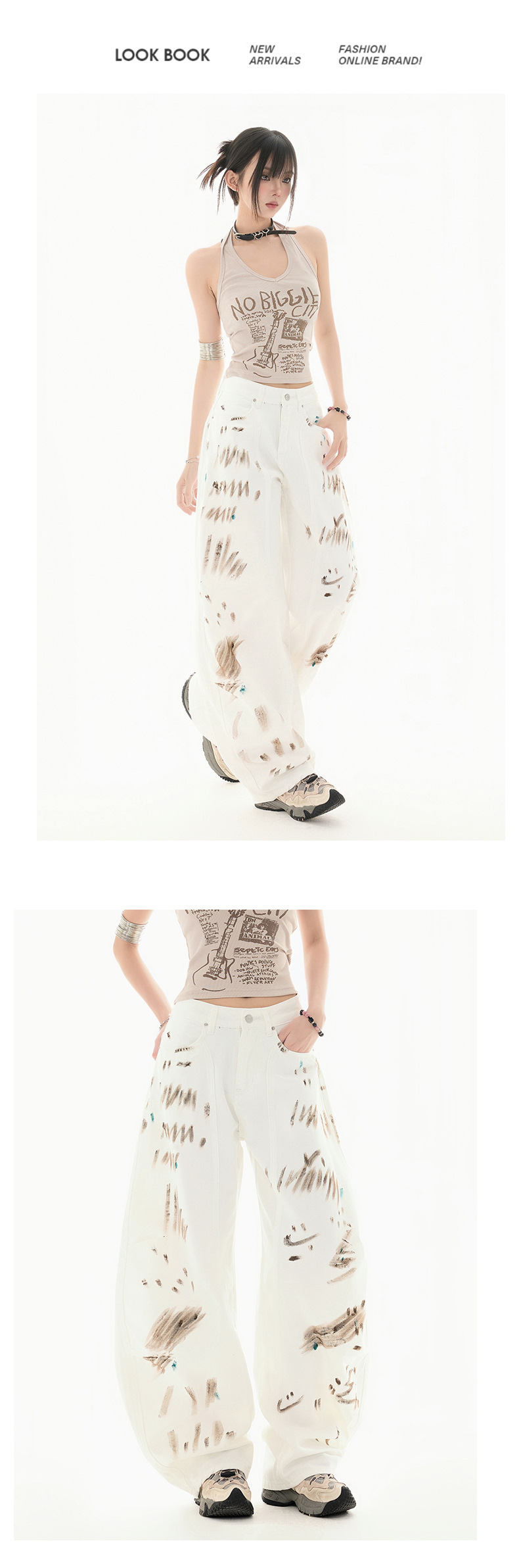 Graffiti White Jeans High-Waisted Unique Design Loose Wide-Leg Knife-Edge Pants