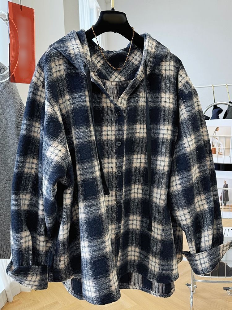 Ladies Oversized Checkered Cotton Blend Hoodie