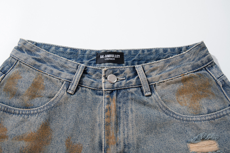 Style Casual Knife-Shape Pants Men Loose Straight Leg Distressed Autumn Fashion Vintage Ripped Jeans