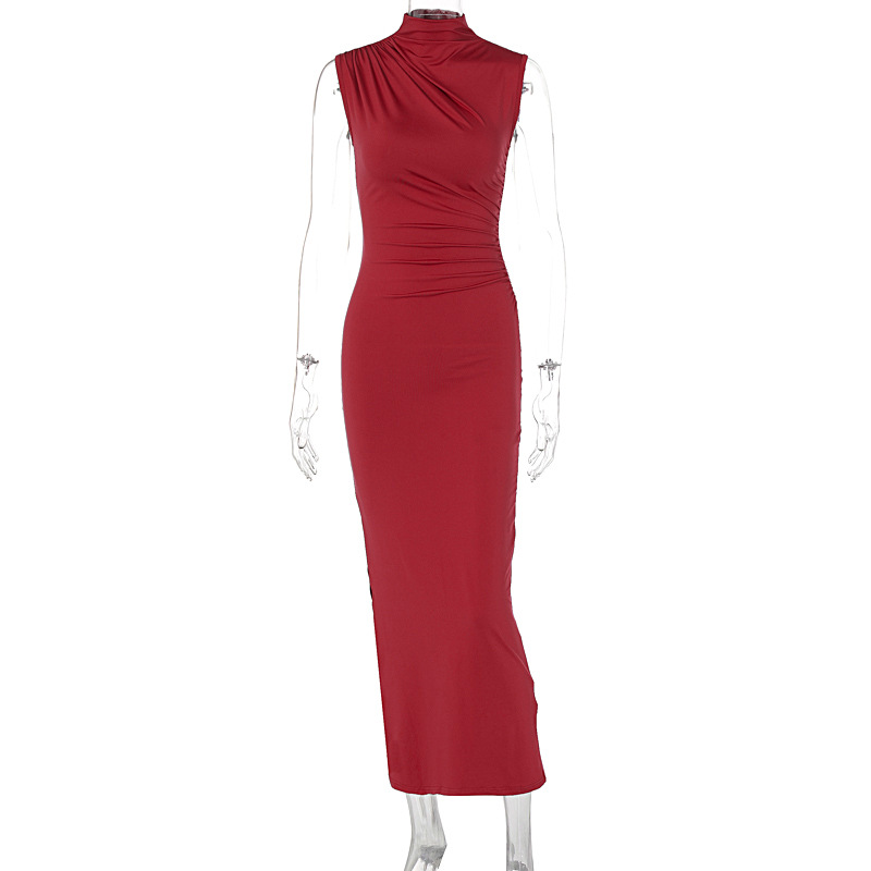 Mock Neck Side Split Bodycon Maxi Dress
