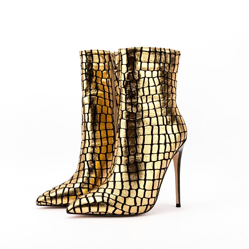 Pointed Toe Super High Heel Ankle Boots Ladies Party Shoes Side Zipper Shiny Stone Pattern Gold Sexy Winter Autumn Fashion Shoes