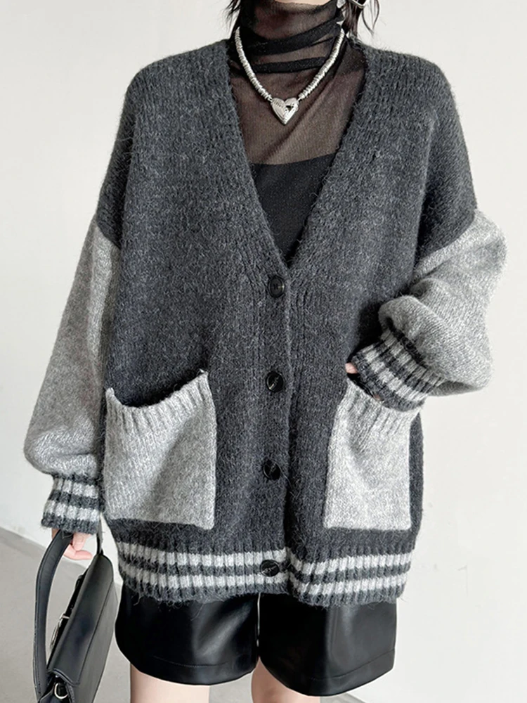 Two-Tone Oversized Deep V Cardigan