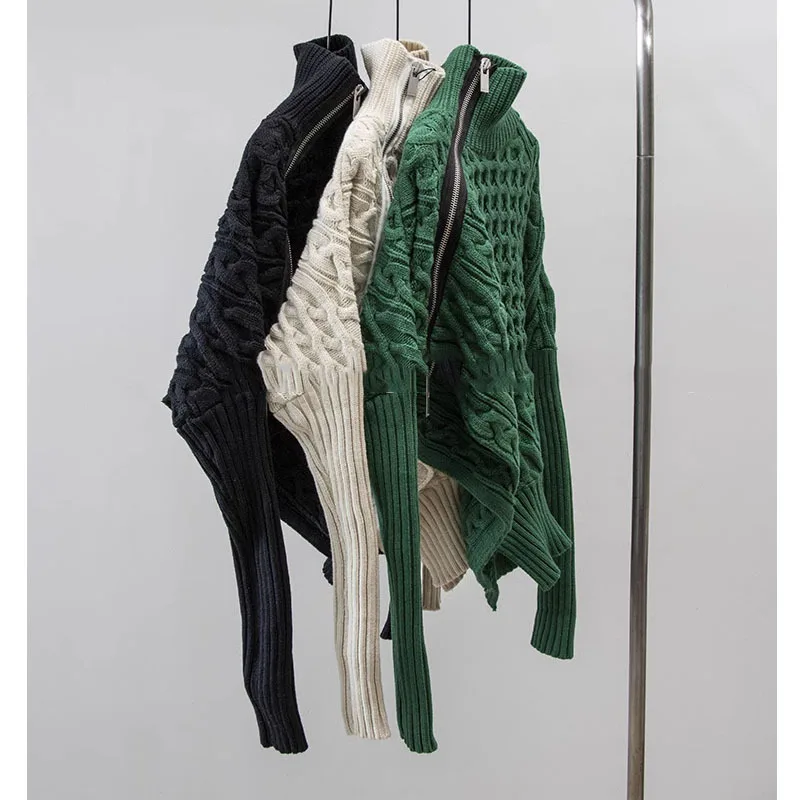 Oversized Zip-Front Polyester Cardigan Asymmetric Neckline