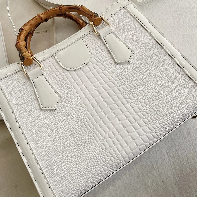 High Quality Leather Shoulder Bag For Women Luxury Alligator Handbag Designer Women Bag Retro Bamboo Handle Tote Bag Female