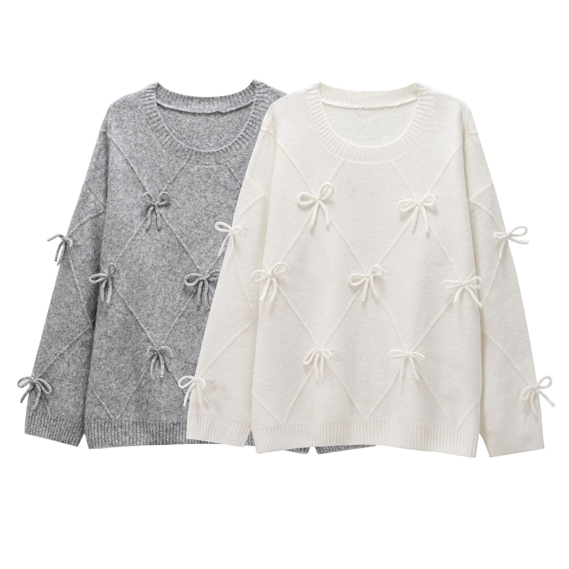 Ladies Solid Crew Ribbon Accent Sweater
