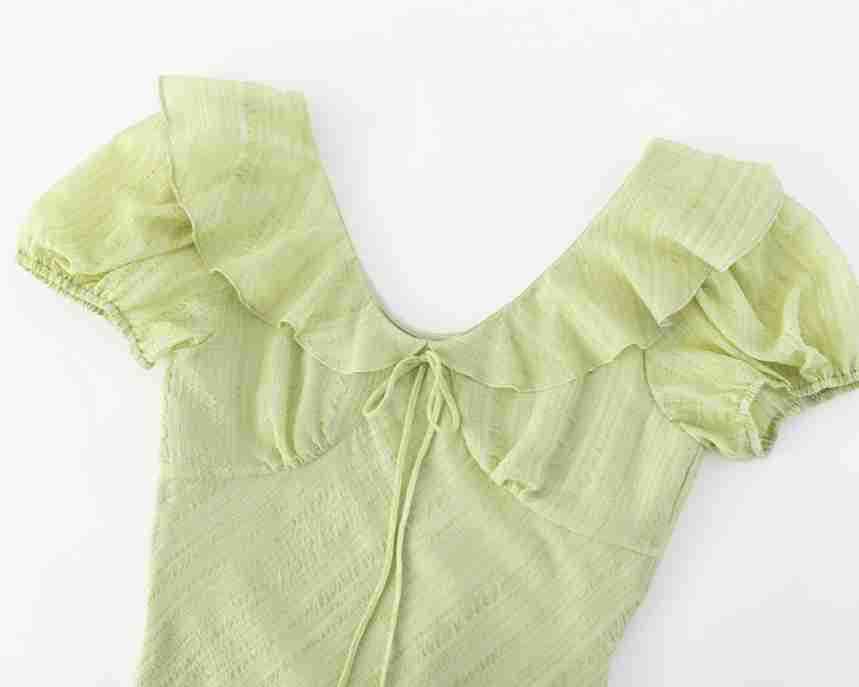 Slim Fit V-Neck Ruffle Front Tie Waist Short Sleeve Dress Long Skirt