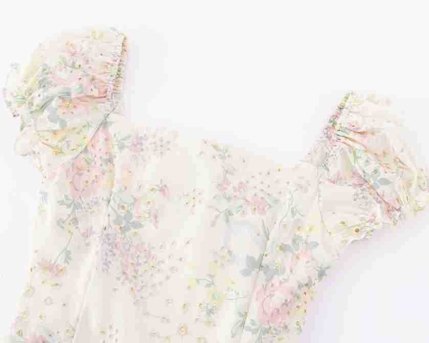 Square Neck Printed Waist-Cinched Short Sleeve Dress Long Skirt