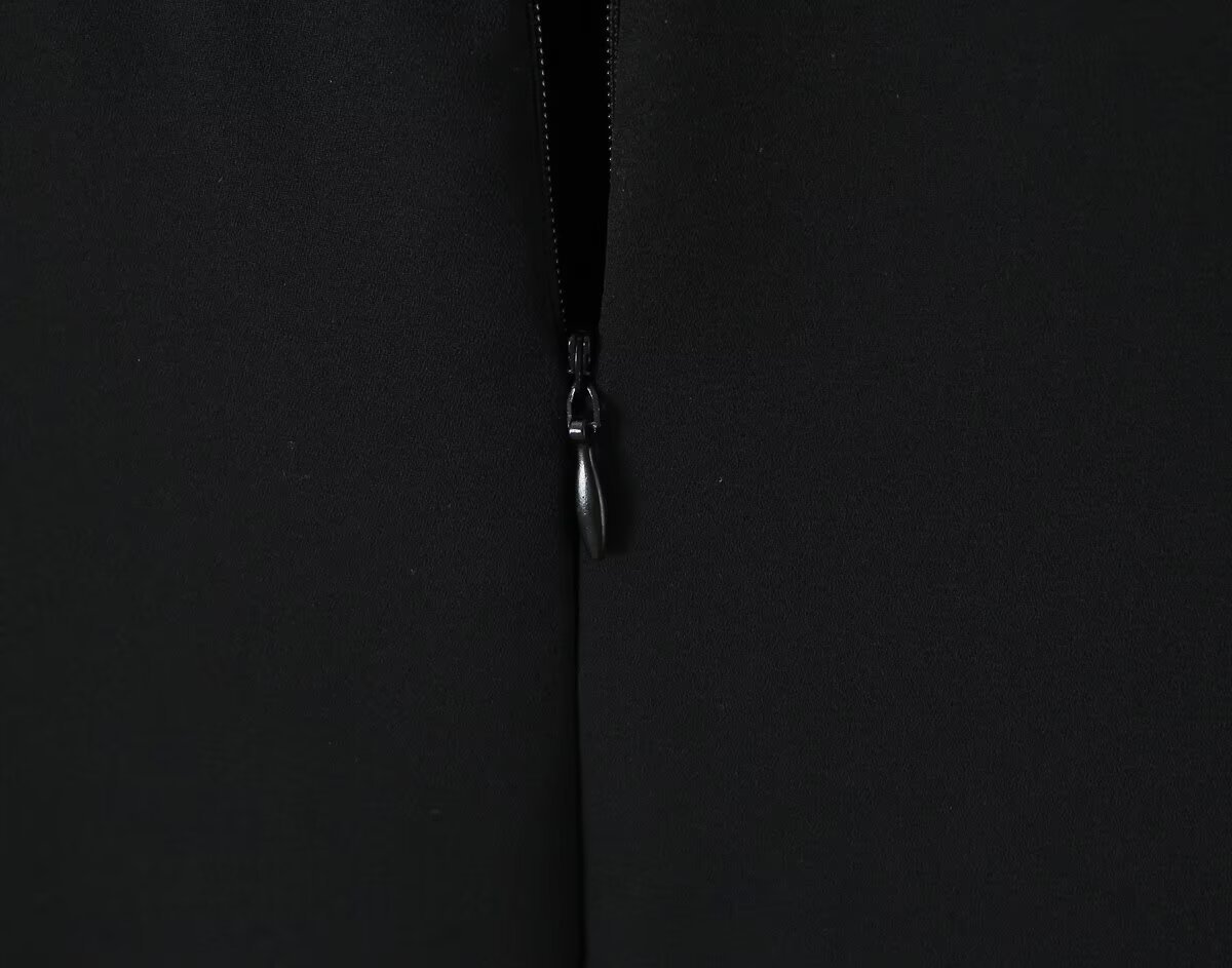 Square collar long sleeved backless black fungus trimmed short dress for women