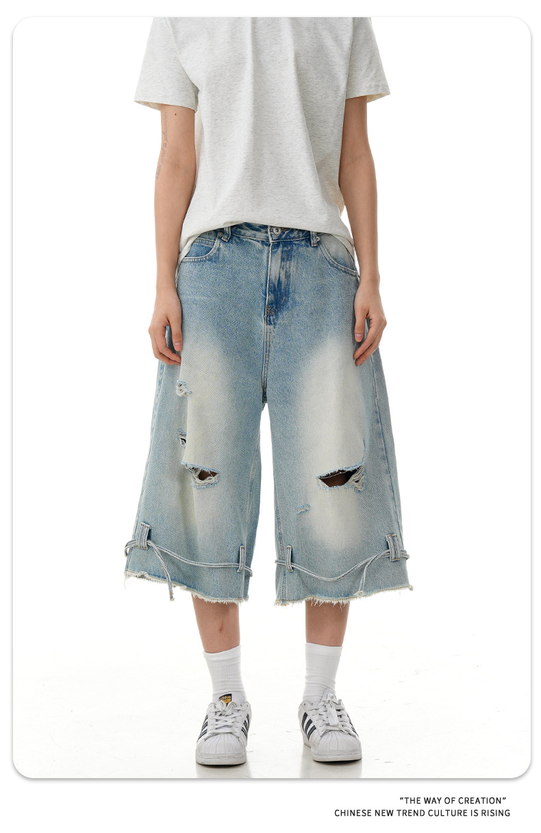 Street Washed Distressed Denim Shorts Loose Wide-Legged Vintage Straight Drawstring Three-Quarter Pants