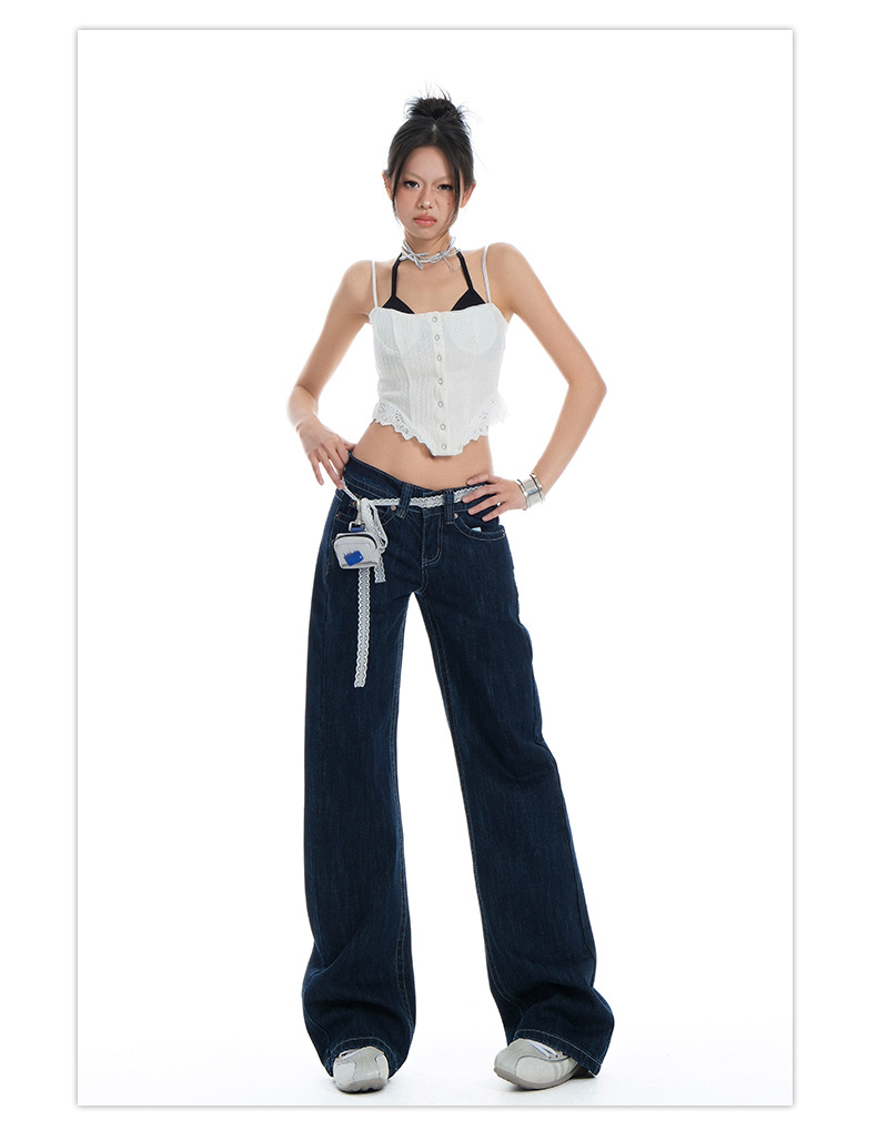 Women's Original Color Straight Leg Jeans Low Waist Slim Wide Leg Long Pants