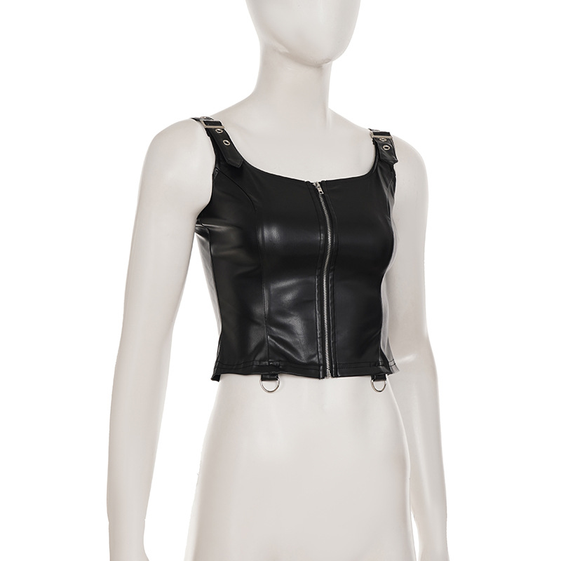 Zip-Front Moto Lambskin Tank Top