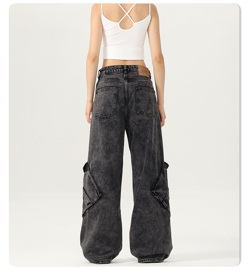 Women's Black and Gray Washed Denim Pants Summer Irregular Wide-Leg Trousers