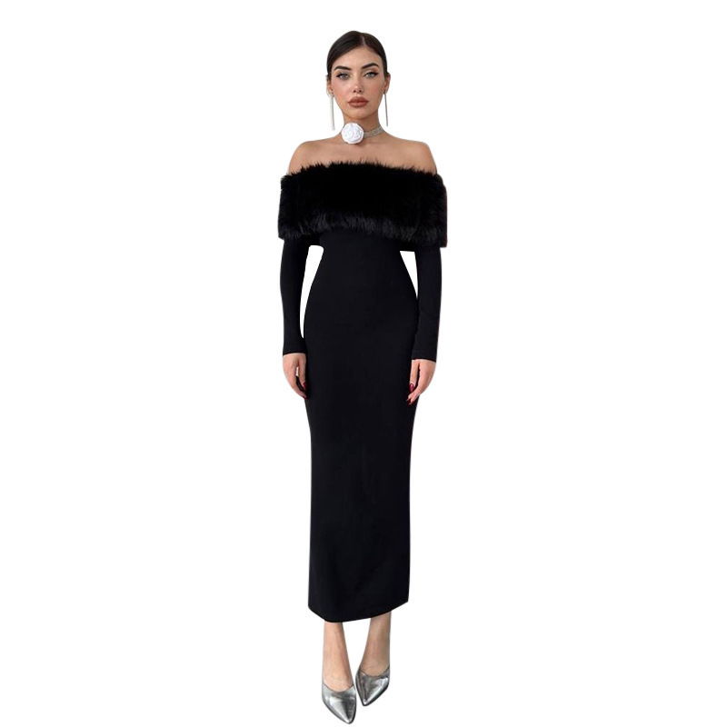 Ladies' Fitted Straight Neck Three-Quarter Sleeve Long Dress