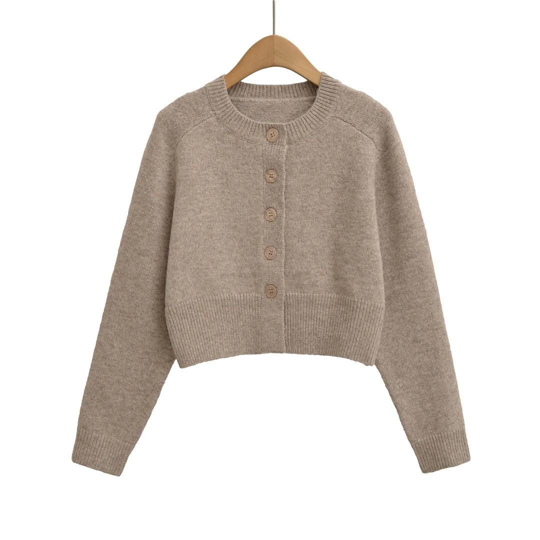 Plain Urban Crew One-Clasp Full-Arm Crop Cardigan