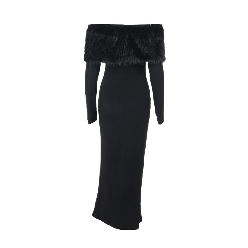 Body-Hugging Asymmetric Furry Trim Three-Quarter Sleeve Dress