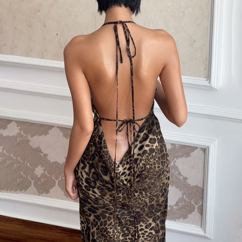 Hooded Sleeveless Leopard Print Open Back Polyester Dress