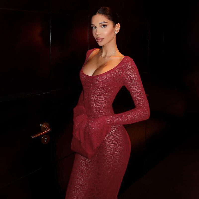 U-Neck Long-Sleeve Polyester High-Waist Sheer Bodycon Dress
