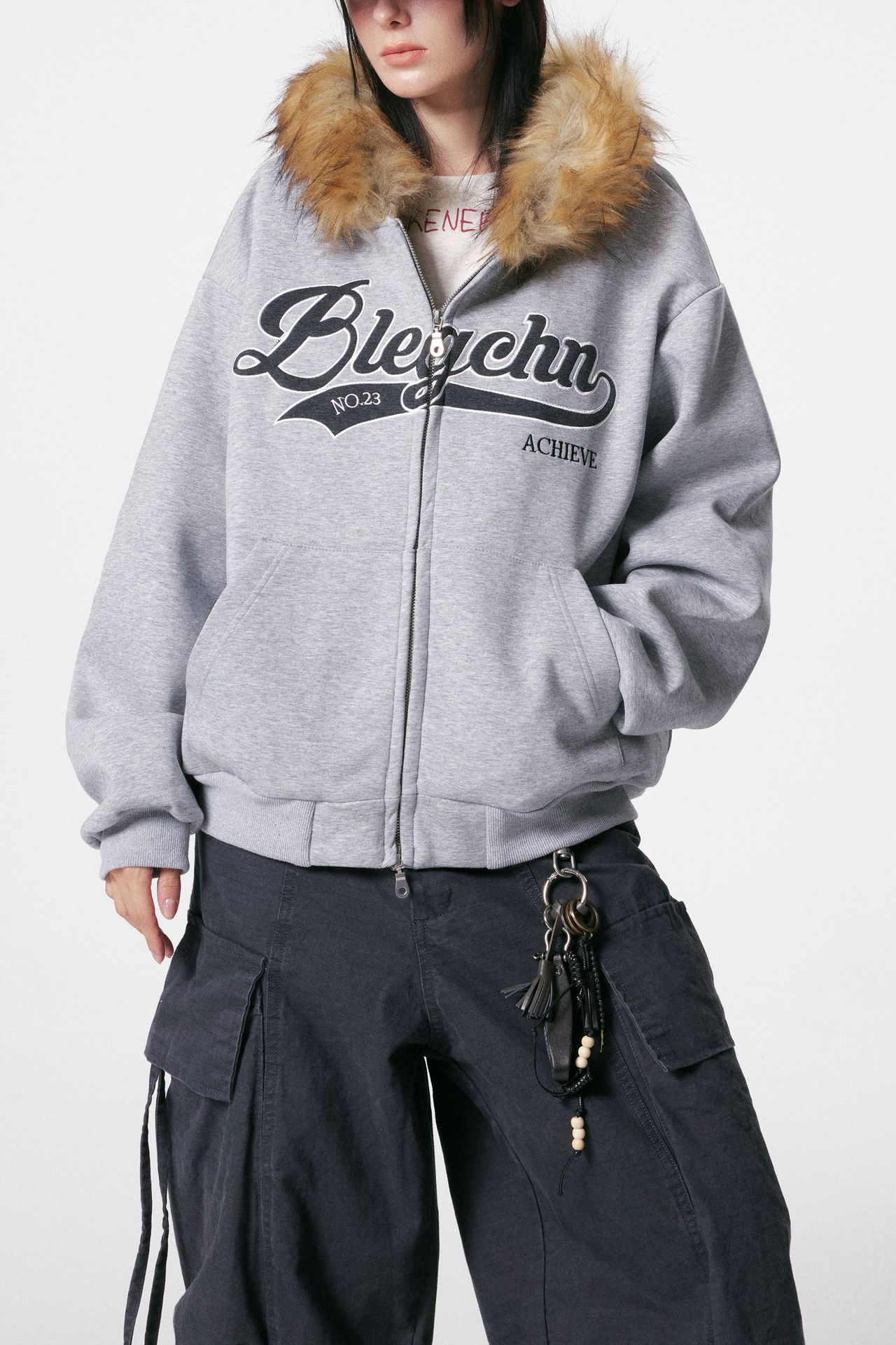 Detachable fur collar spliced zipper hoodie
