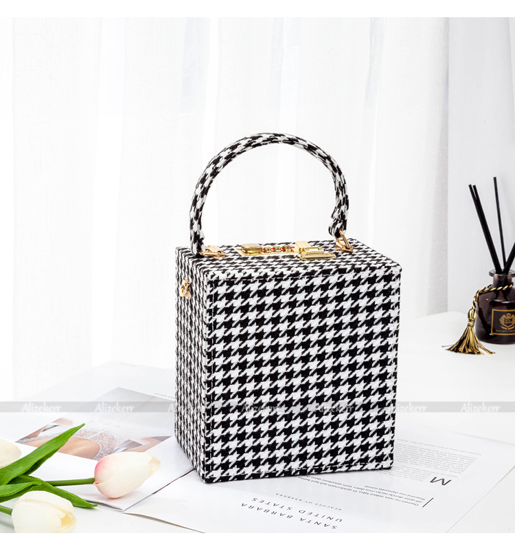 With Code Lock Houndstooth Box Shoulder Bag New Elegant Korean Purses And Handbags Female Big Square Crossbody Retro Bag