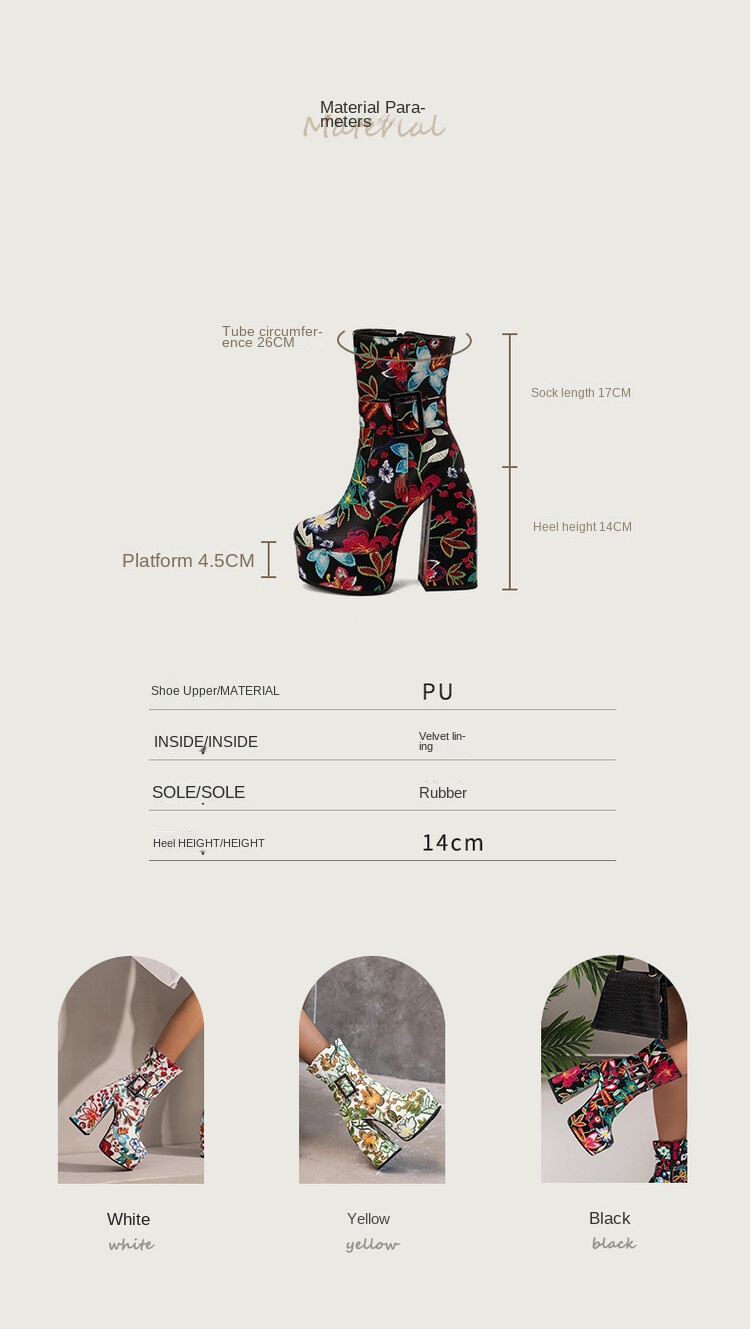 Women's Winter New Fashion Embroidery Pattern Thickened High-heeled Thick-bottomed Round Toe Side Zipper Ankle Boots