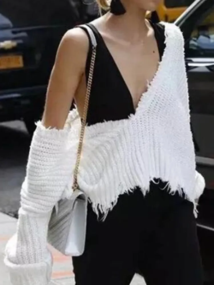 Retro Oversize Fringe Asymmetrical Vee Collar Sweater