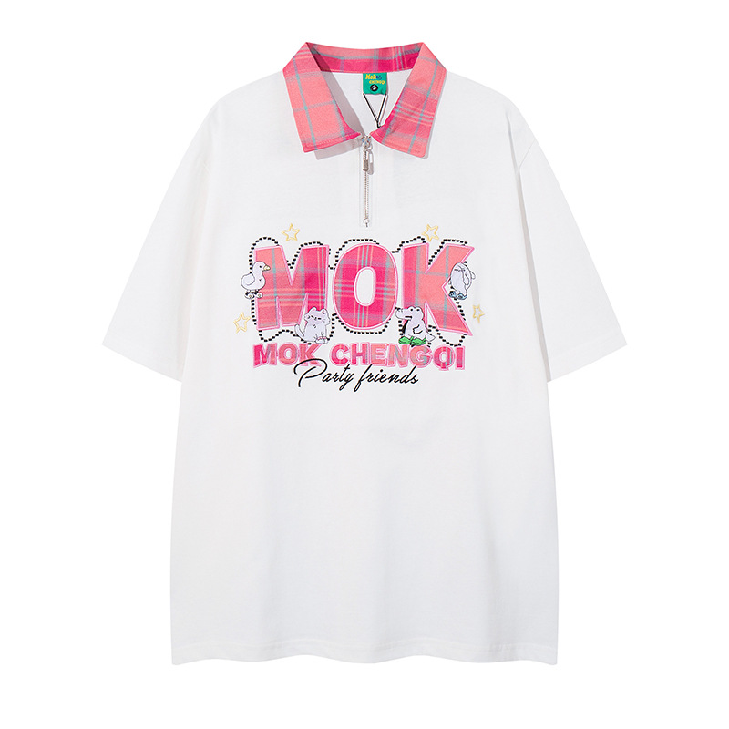 Classic Cotton Letter Lapel Zip Oversized T Shirt