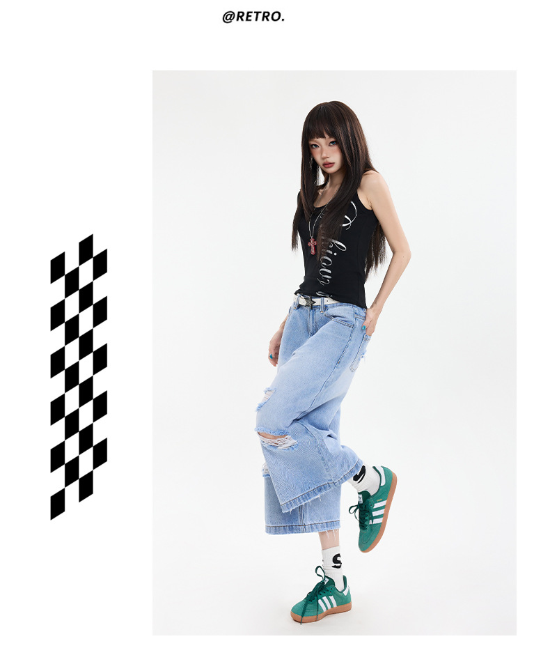 Black Gray Hole Seven-Point Denim Pants Women Vintage Wide-Leg Straight Leg Pants High Street Trendy