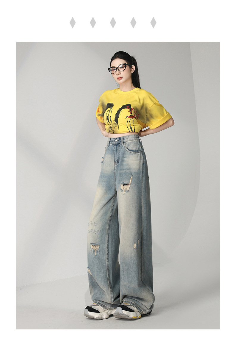 Retro Distressed Washed Ripped Jeans Women Loose High Waist Slim Wide Leg Floor-Length Pants