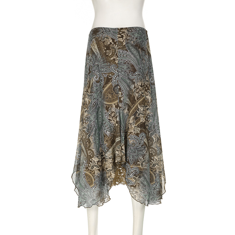Retro Ink Green Gradient Lace Splicing Printed Skirt Irregular Knitted Midi Skirt Forest Style Girl